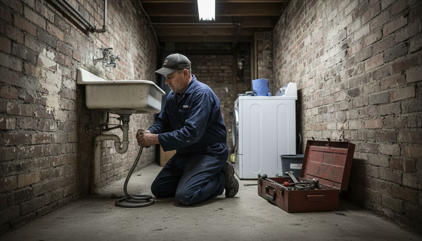 Plumber using drain snake in Pittsburgh home