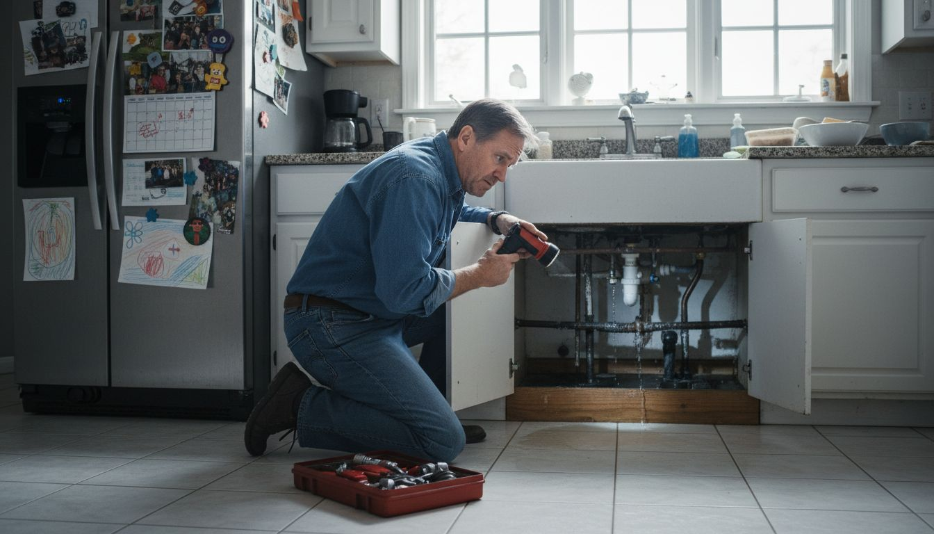 Homeowner checks under sink for leaking water