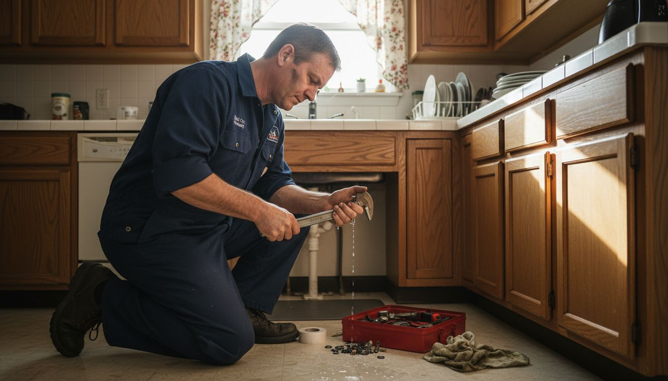 Plumber repairing leaking pipe under kitchen sink