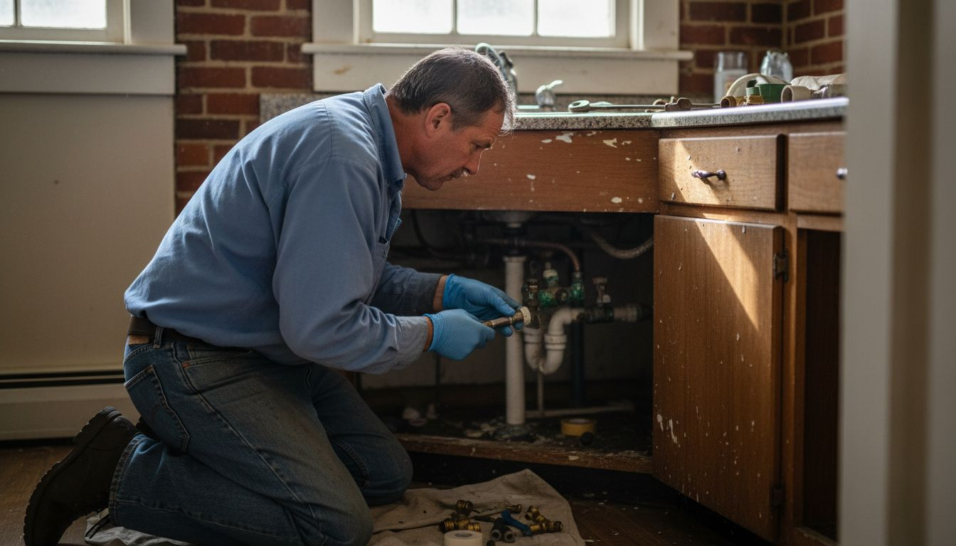 Plumber inspecting pipes in Pittsburgh kitchen