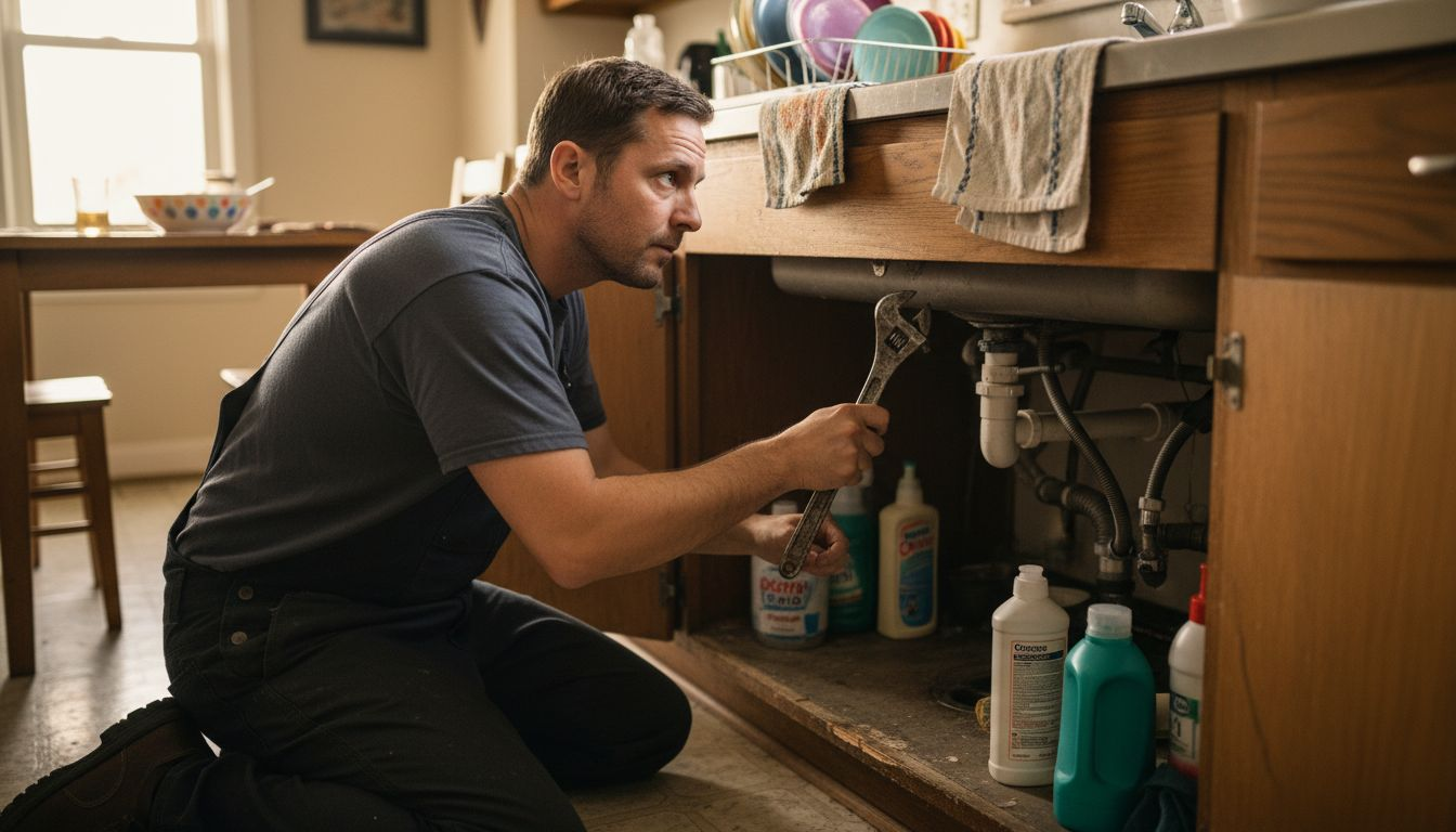 Plumber repairing pipe under kitchen sink