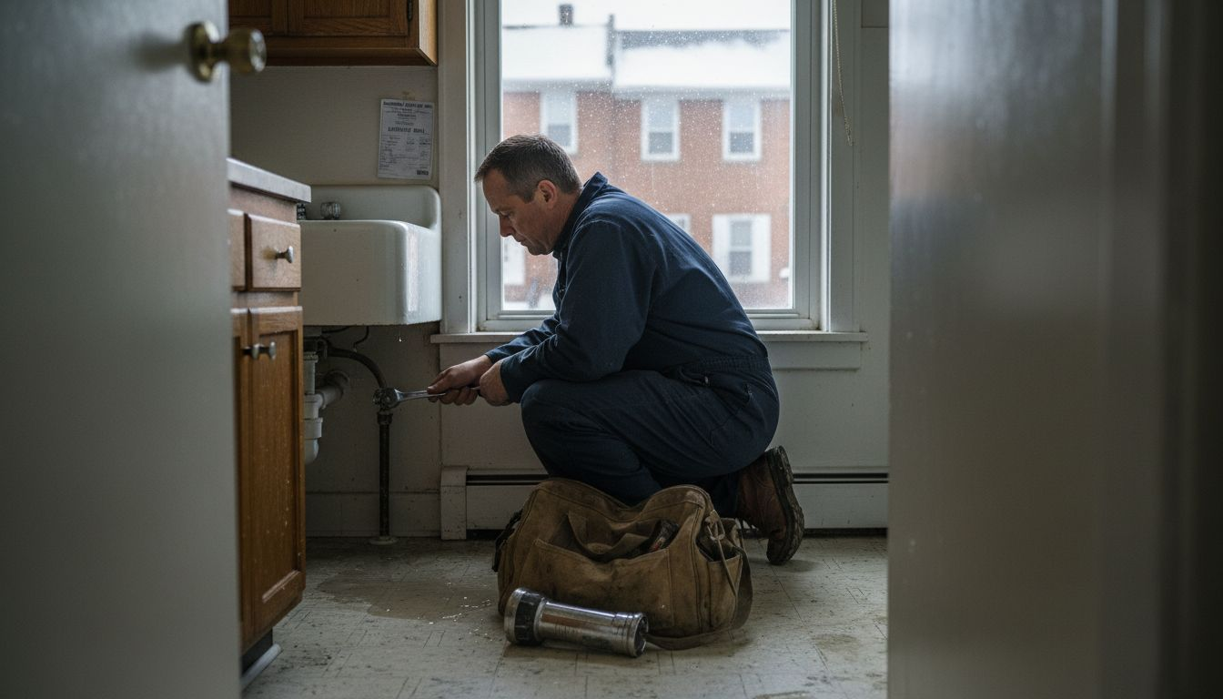 Plumber fixing leak in Pittsburgh kitchen