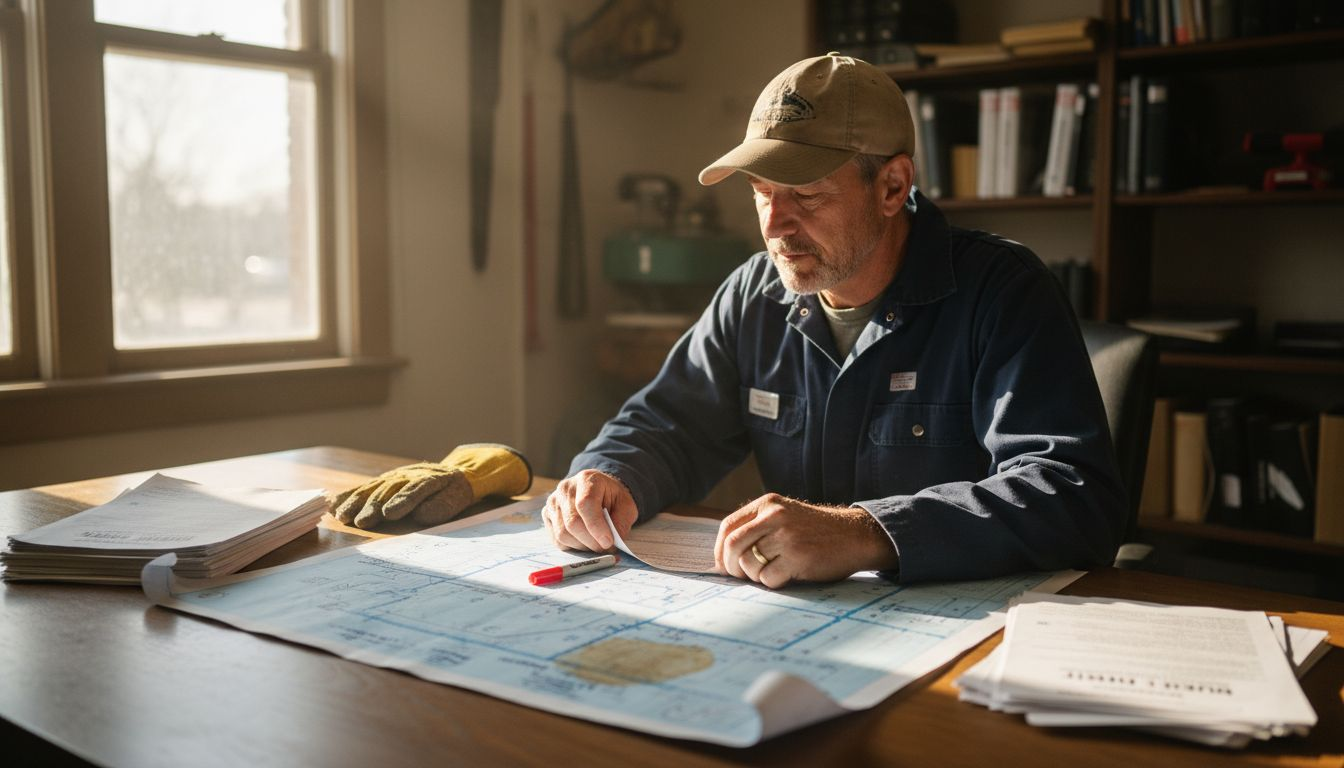 Plumber checks plumbing schematic in office