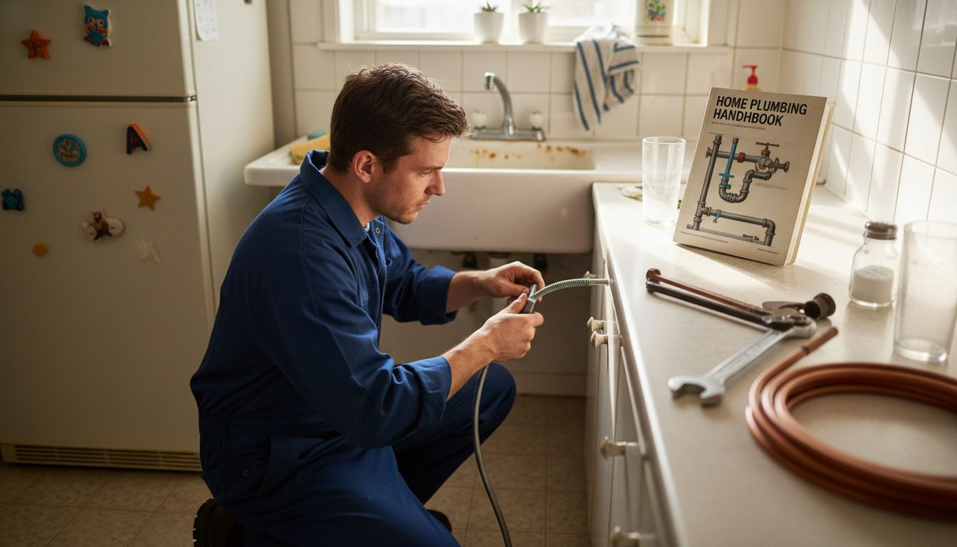 Plumber cleaning kitchen sink drain carefully