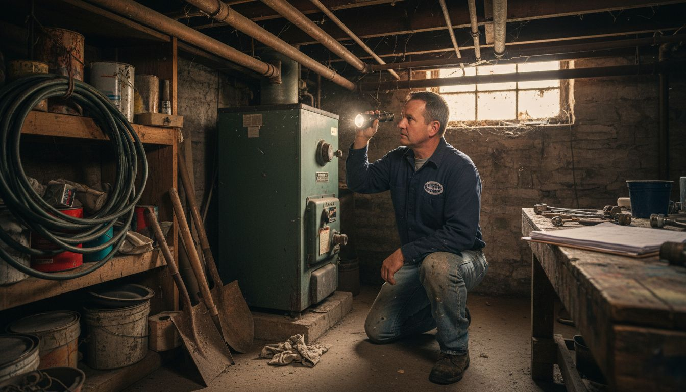 Plumber inspecting basement pipes in Pennsylvania home