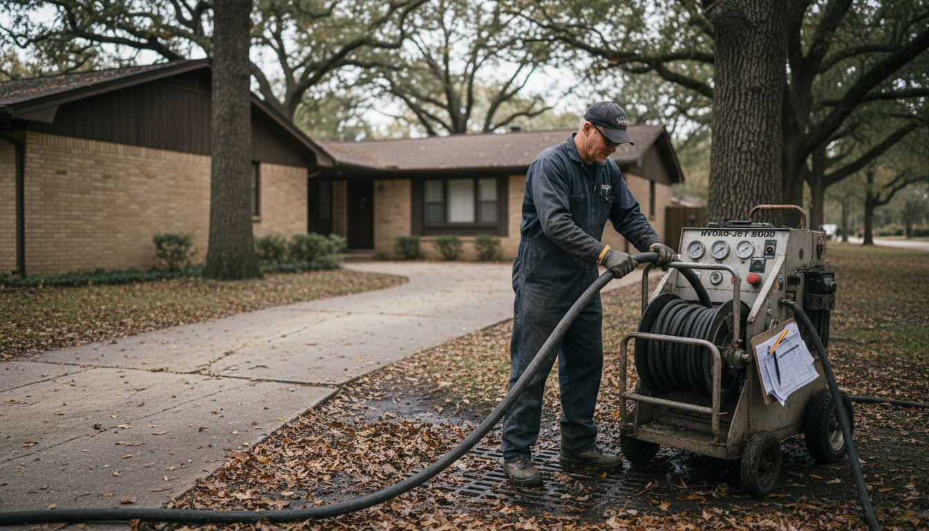 Plumber hydro jetting driveway drain scene