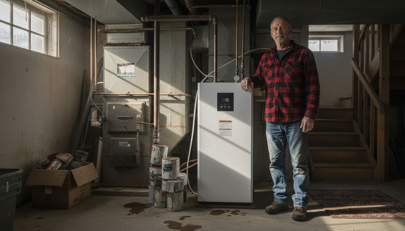 Homeowner with heat pump water heater in basement