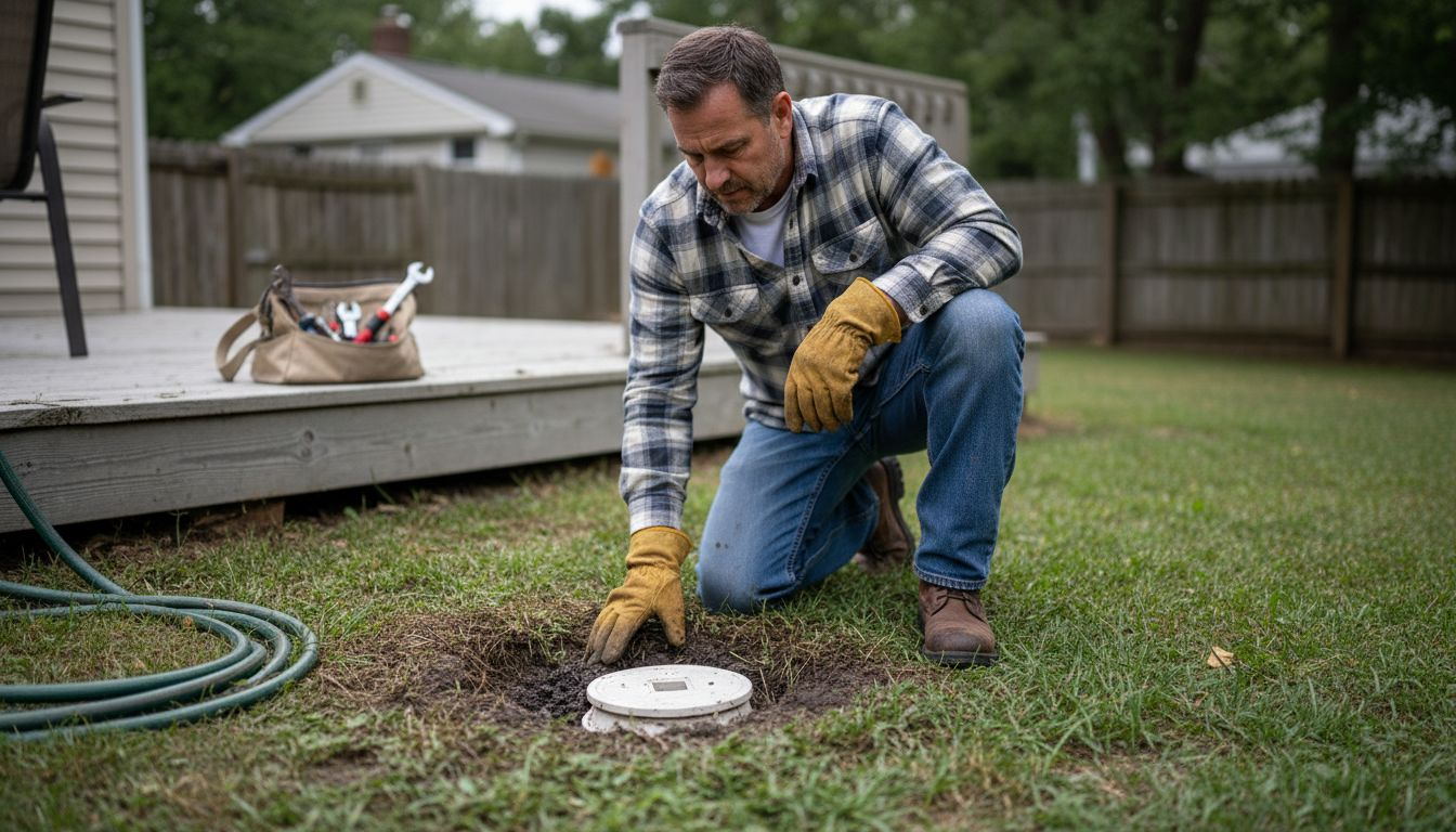 Homeowner inspecting outdoor sewer cleanout cap