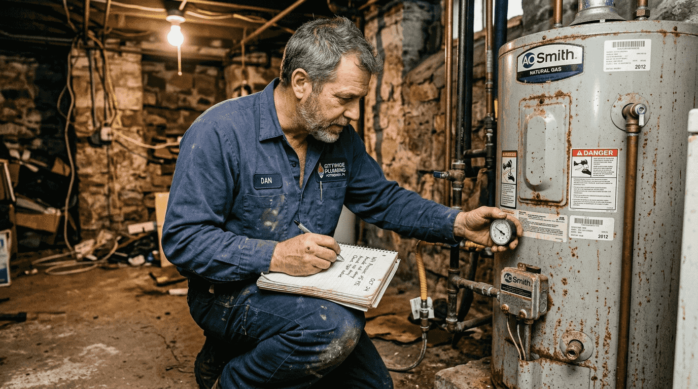 Plumber inspecting water heater in basement