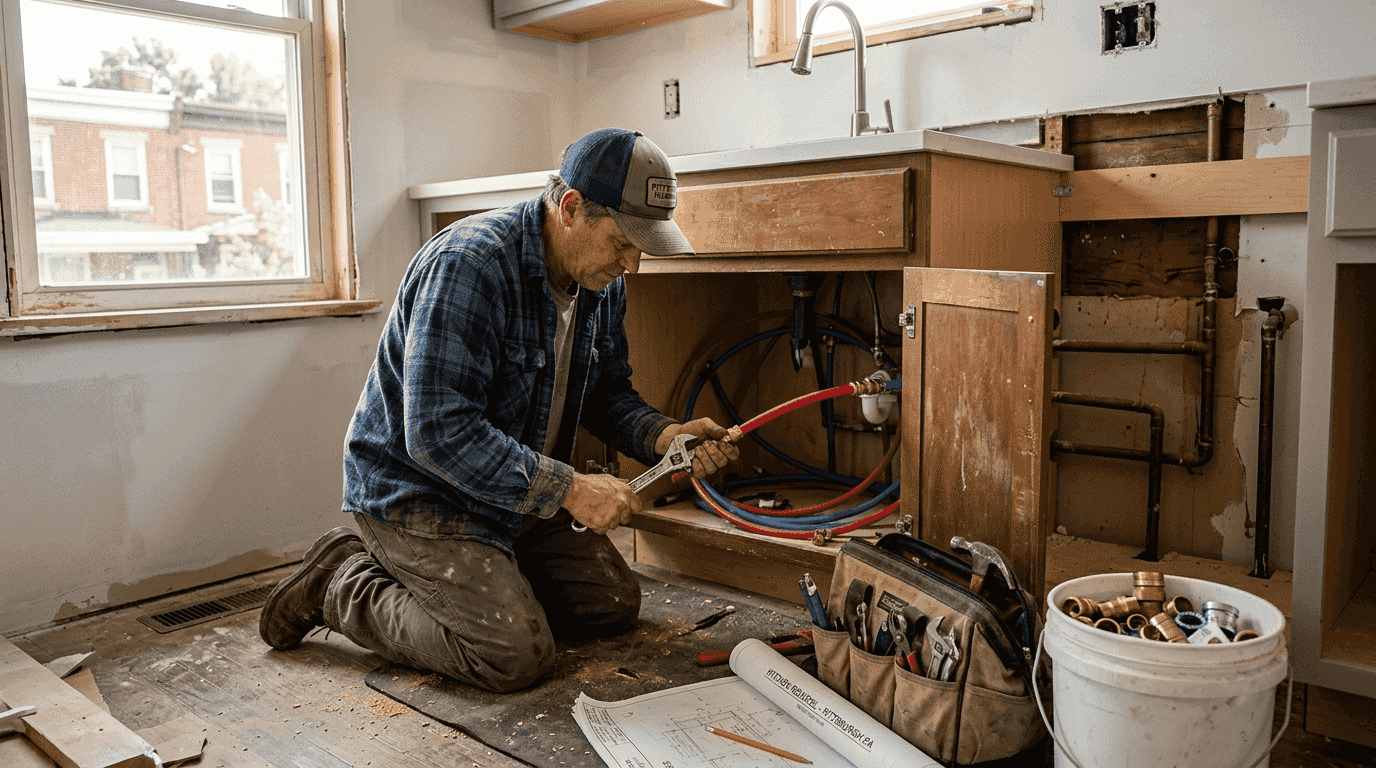 Plumber upgrading blade under renovated kitchen sink