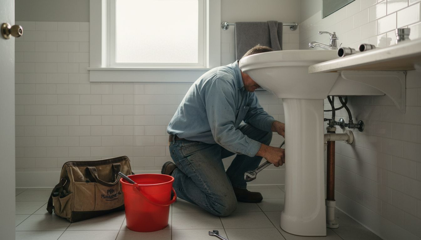 Plumber working under sink in Pittsburgh bathroom