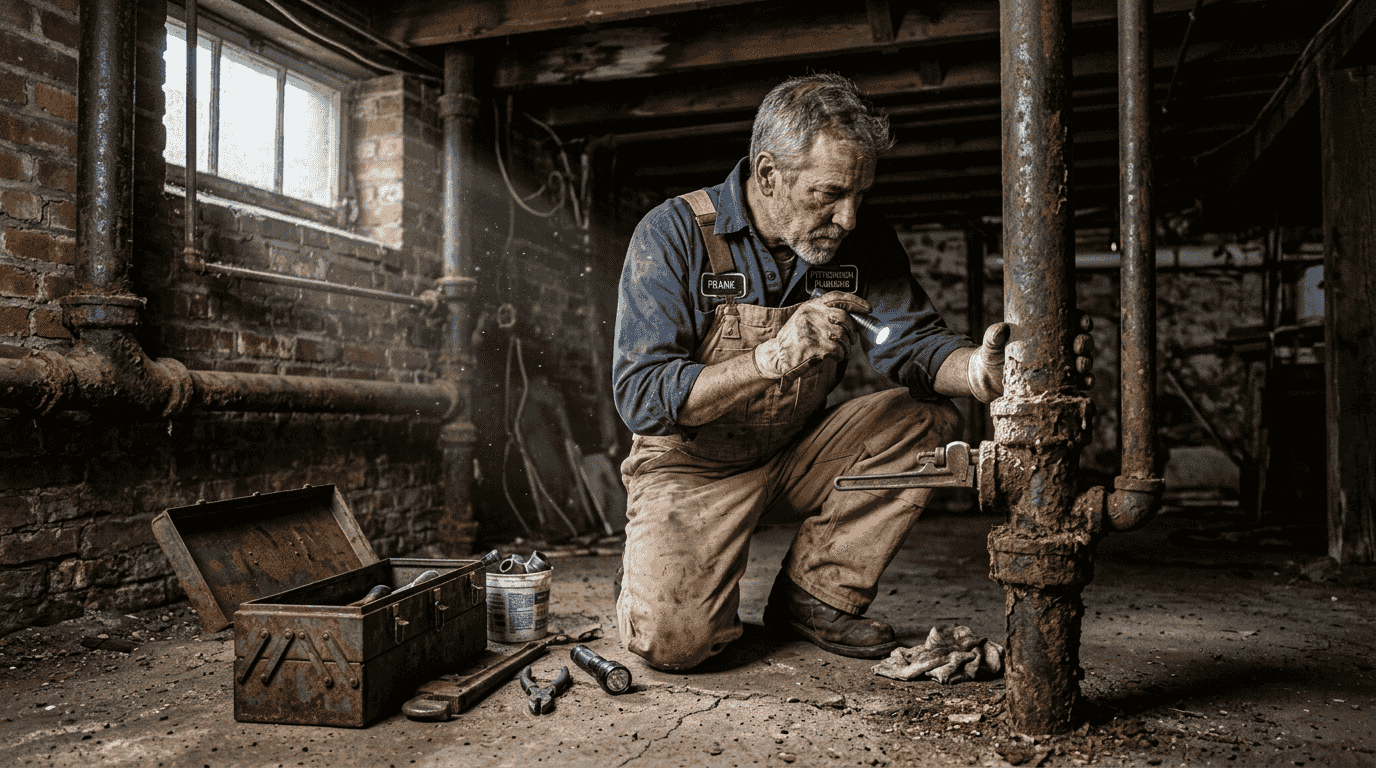 Plumber inspecting old basement pipes Pittsburgh