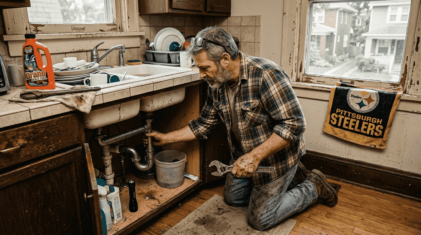 Homeowner inspecting clogged kitchen drain