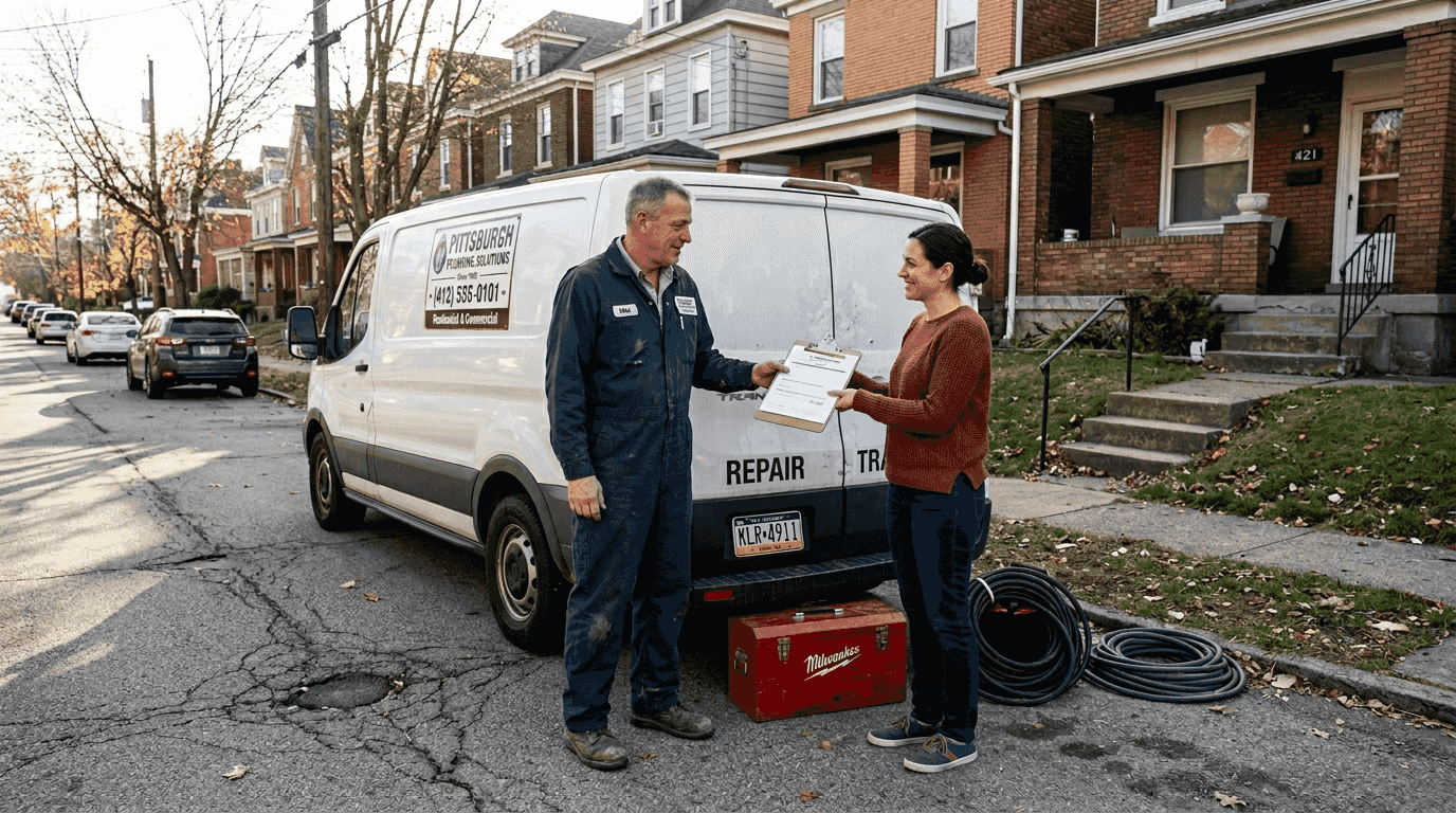 Plumber and homeowner discussing service options