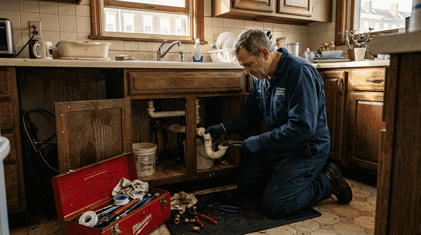 Plumber cleaning drain under Pittsburgh kitchen sink