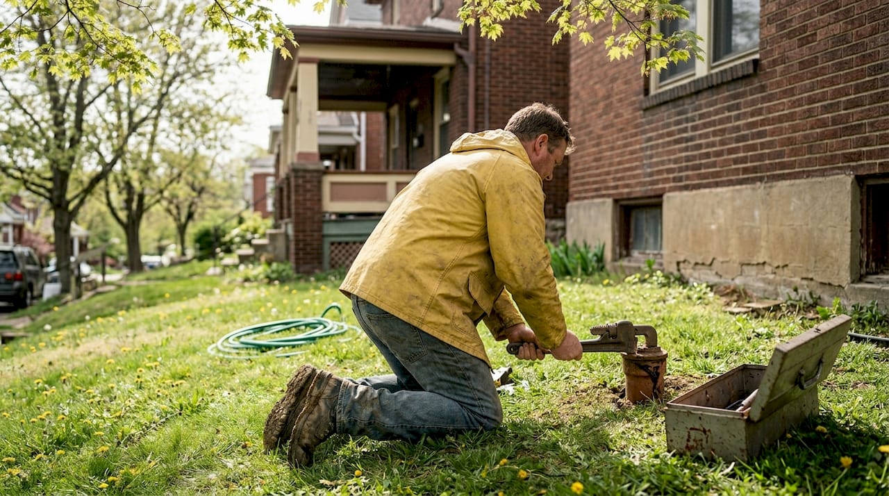 Plumber opening sewer line cleanout Pittsburgh yard