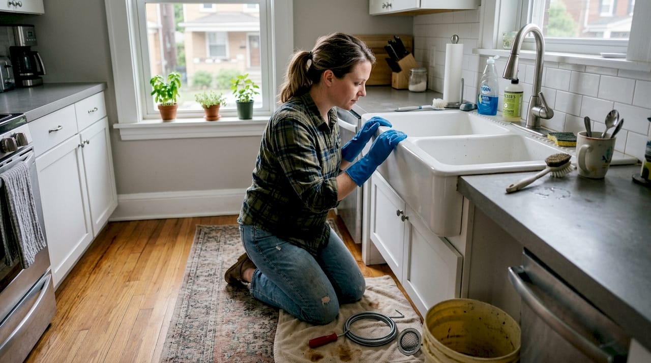Homeowner gathers drain snaking tools