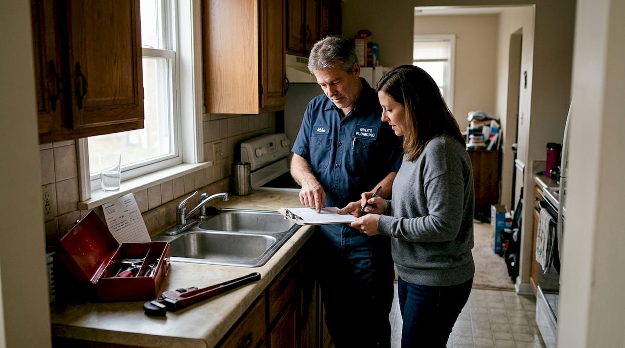 Plumber and homeowner reviewing checklist in kitchen