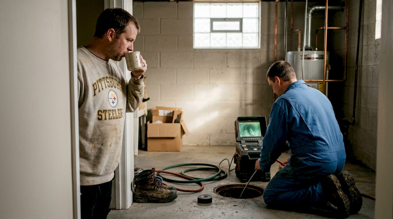 Homeowner and plumber during sewer line inspection
