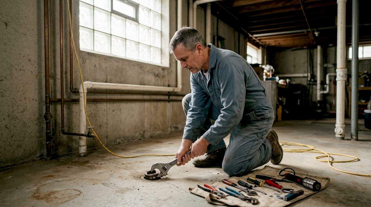 Plumber opening cleanout cap in Pittsburgh home