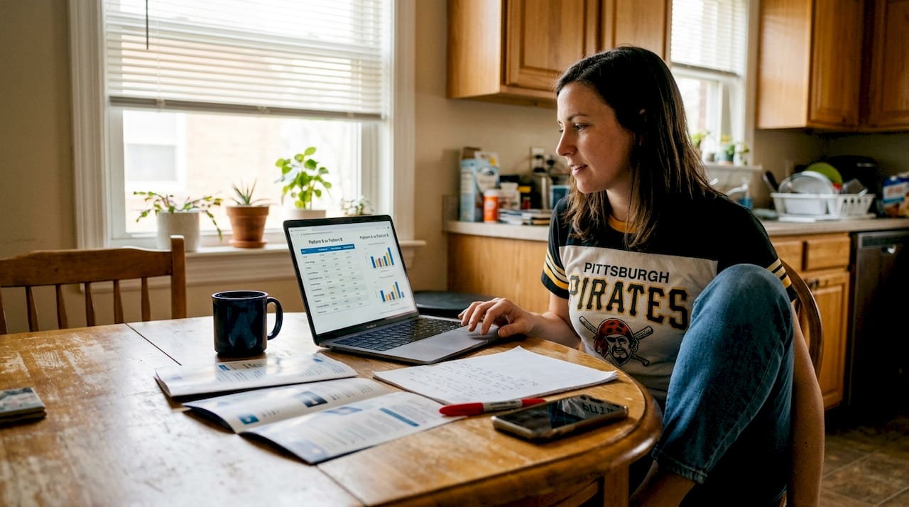 Homeowner at kitchen table comparing plumber review sites