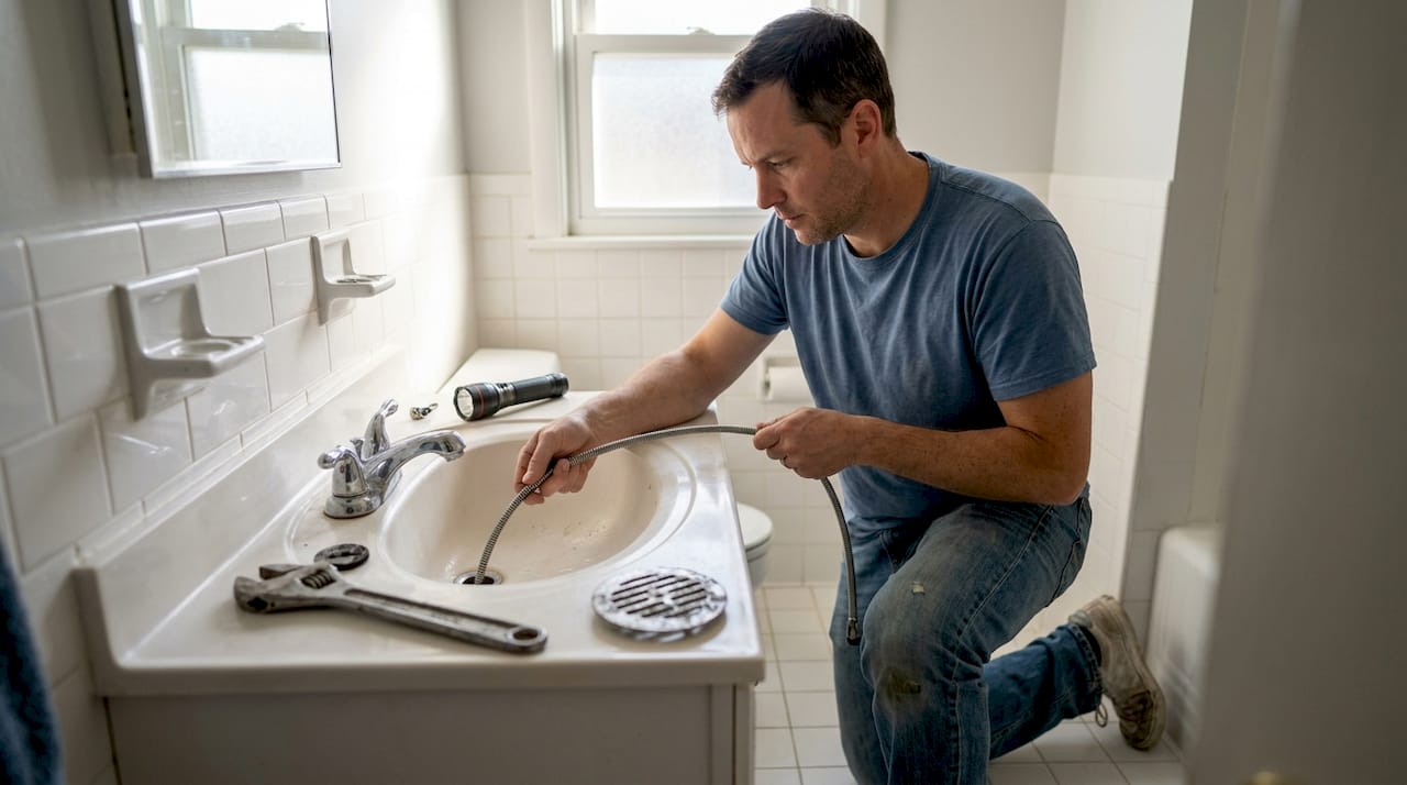 Homeowner using a plumbing snake in sink