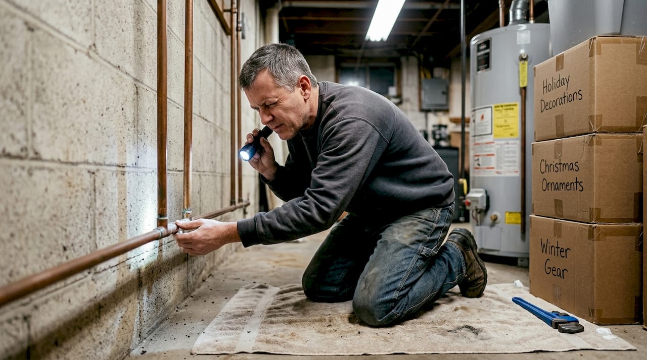 Homeowner inspecting basement plumbing pipes