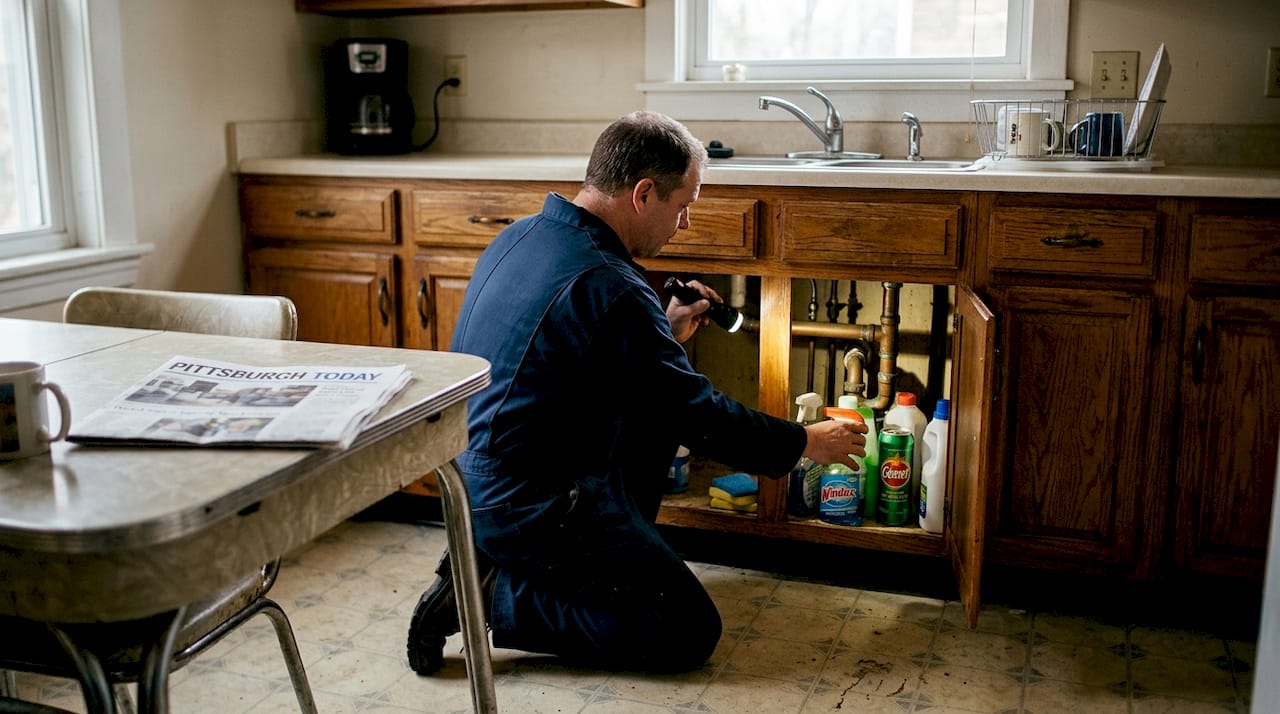 Plumber inspecting pipes beneath Pittsburgh kitchen sink