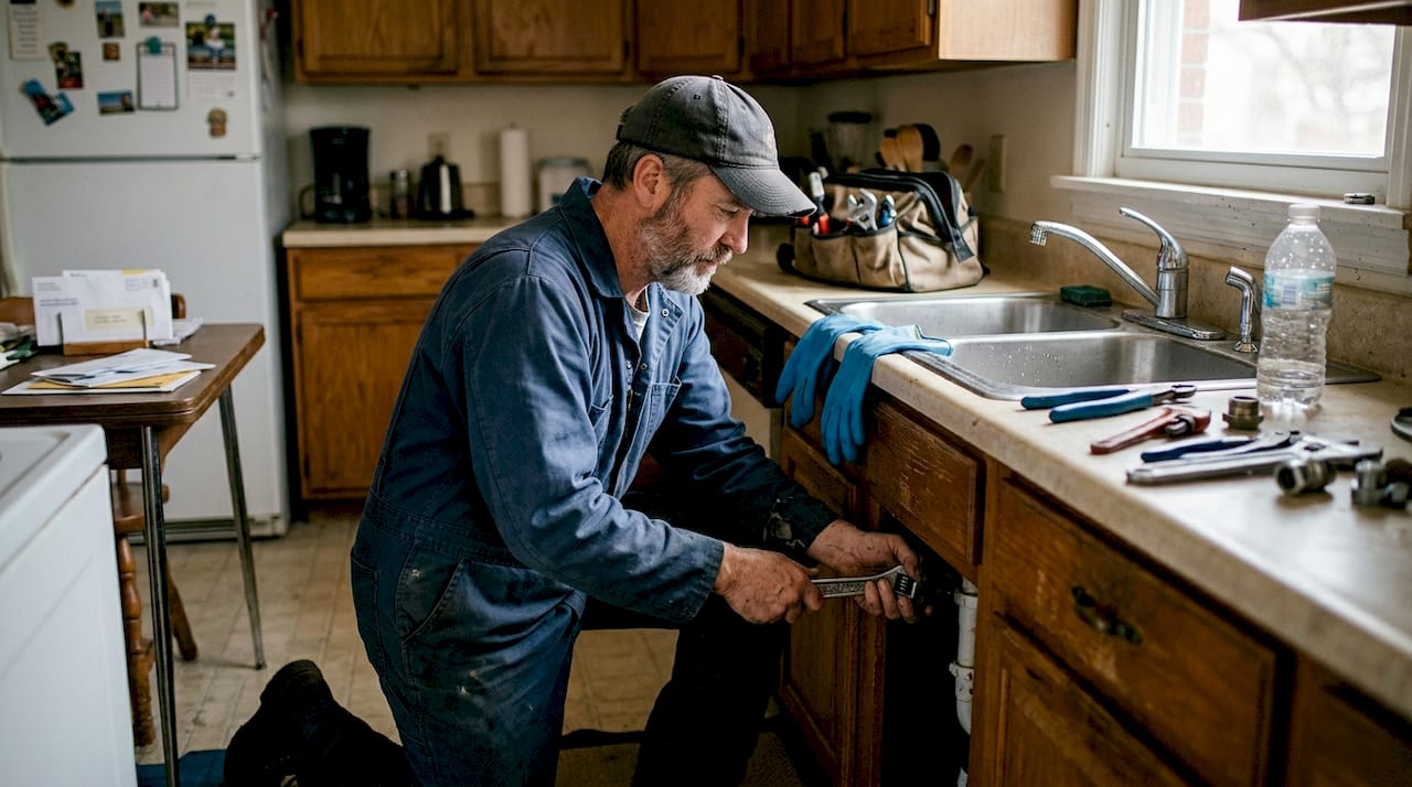 Plumber repairing kitchen sink in Pittsburgh home