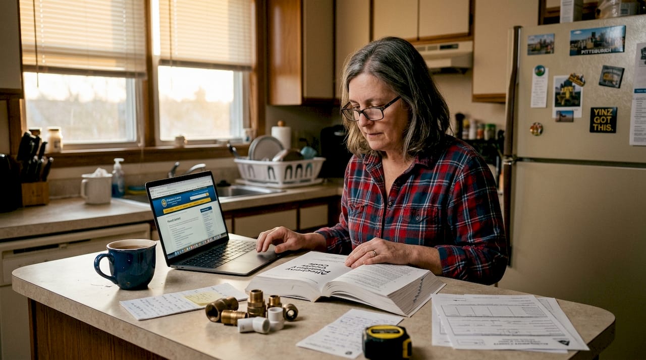 Homeowner studying Pittsburgh plumbing requirements
