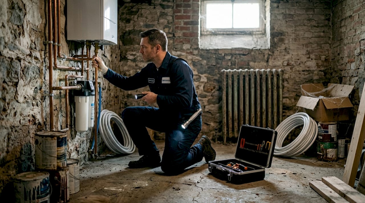 Plumber inspecting basement pipes in Pittsburgh