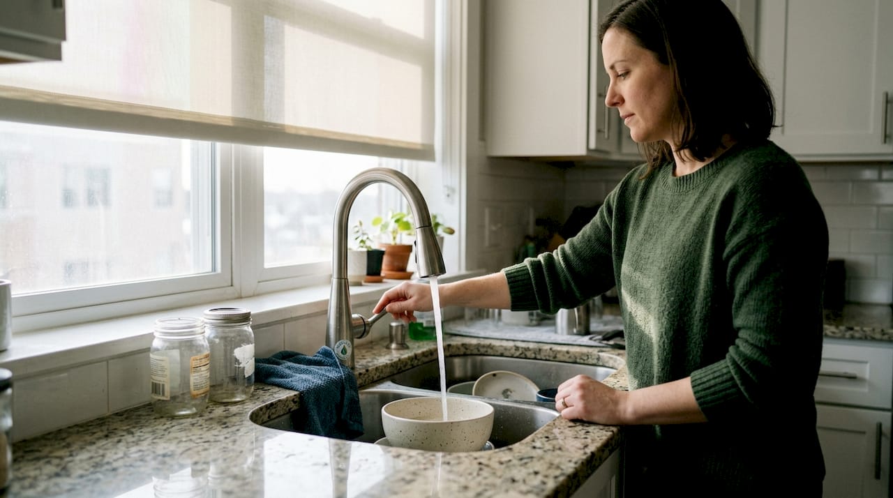 Homeowner using low-flow kitchen faucet