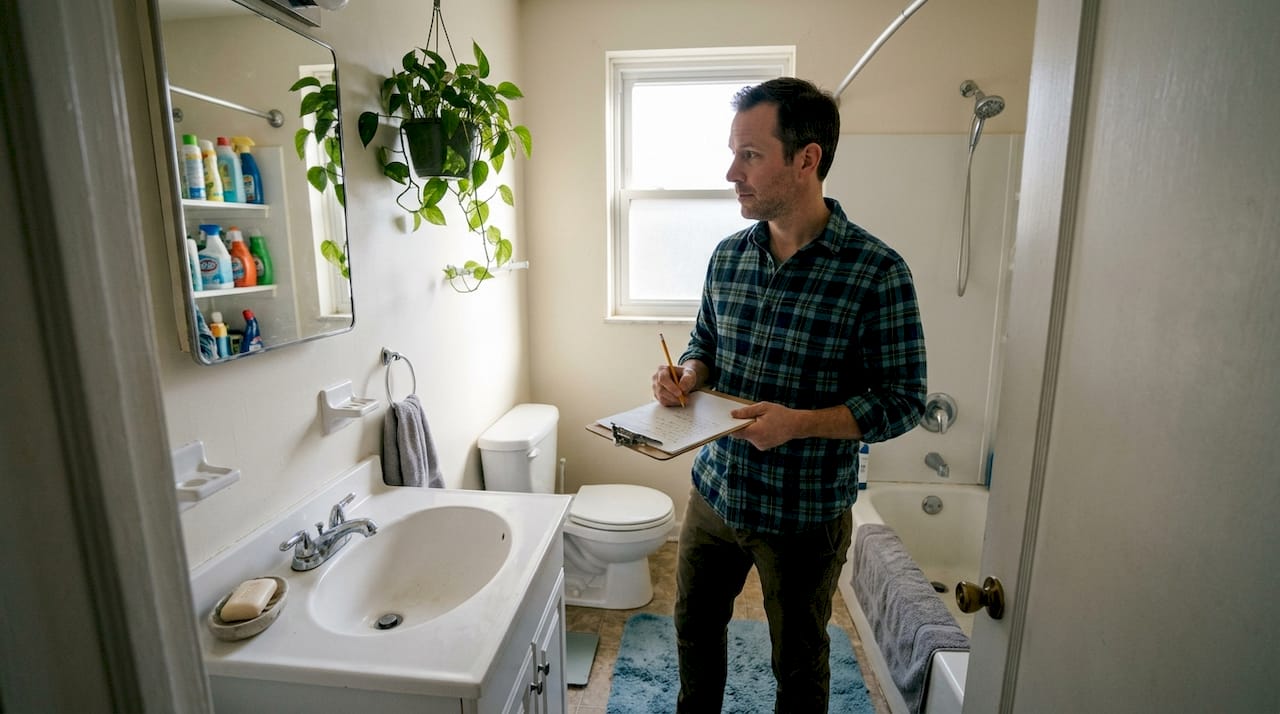 Homeowner planning bathroom renovation in lived-in space
