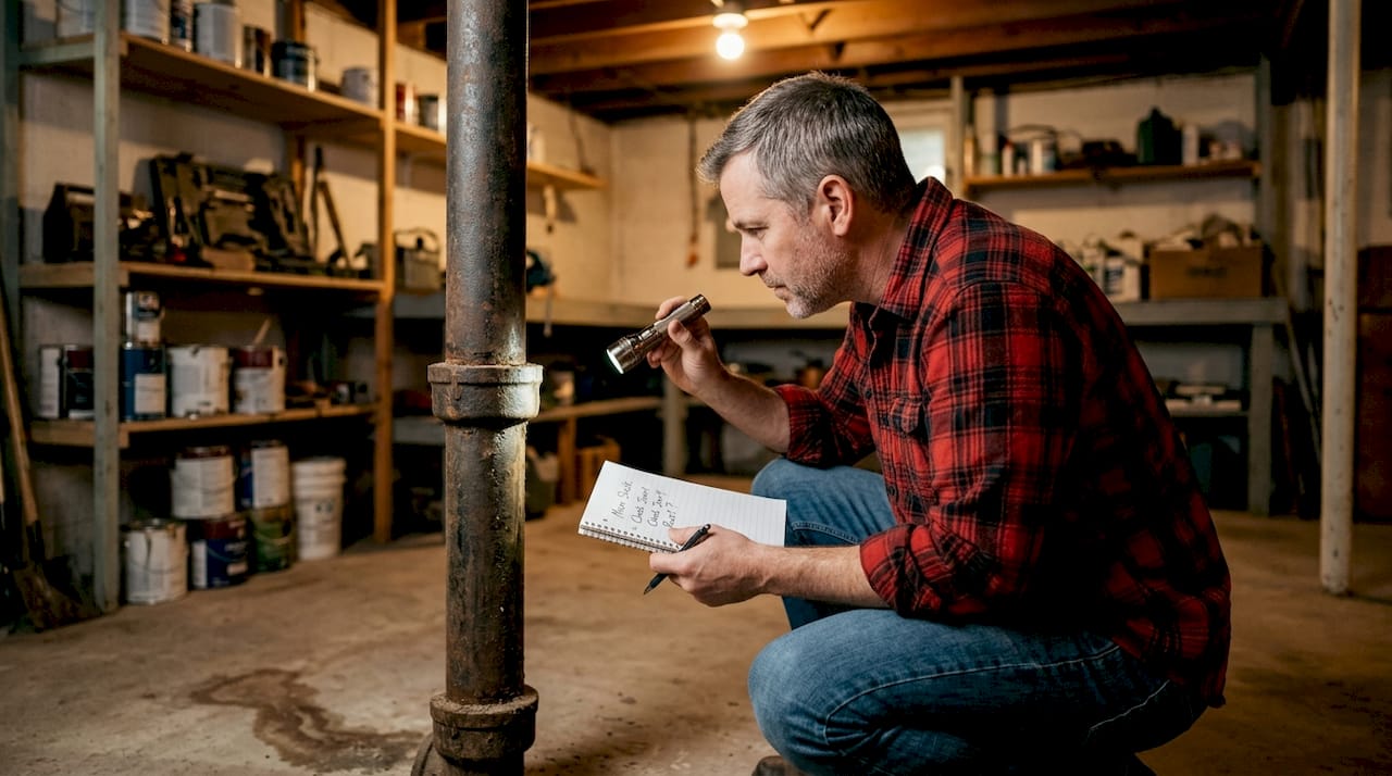 Homeowner inspecting plumbing stack in basement