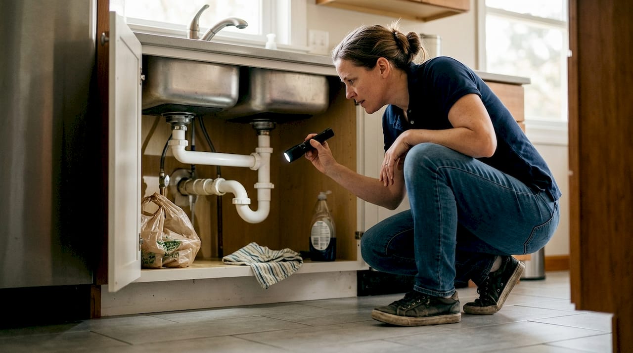 Homeowner checking kitchen sink plumbing trap