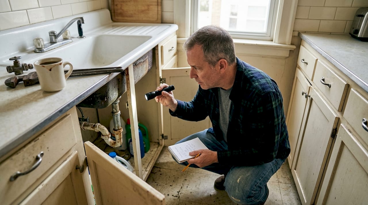 Homeowner inspecting pipes under old kitchen sink