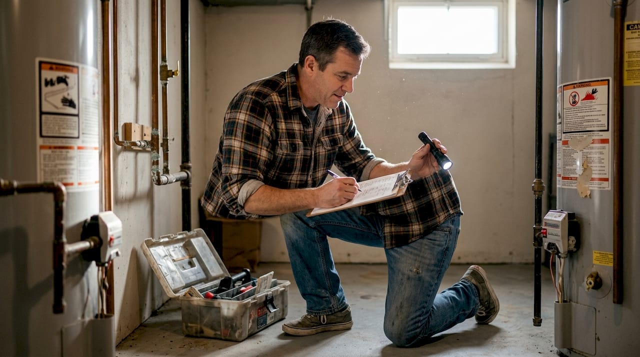 Homeowner inspecting basement water lines