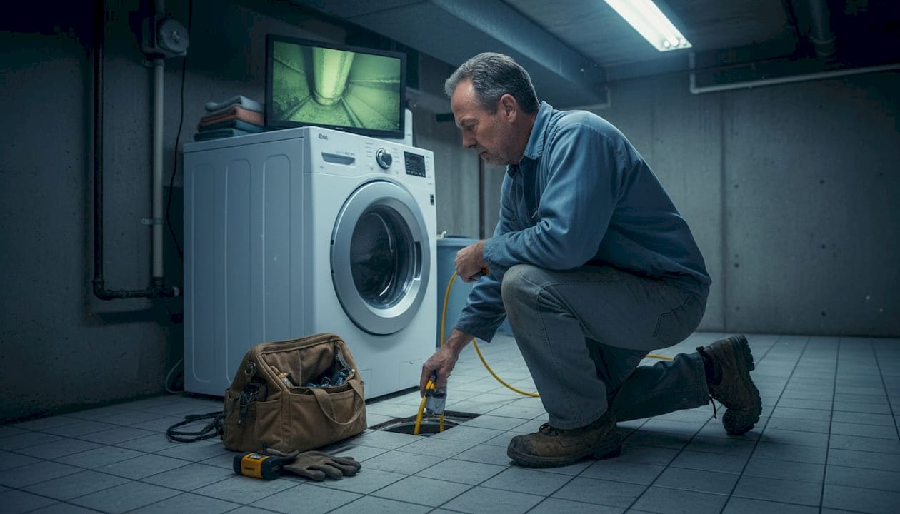 Plumber using drain camera in laundry room