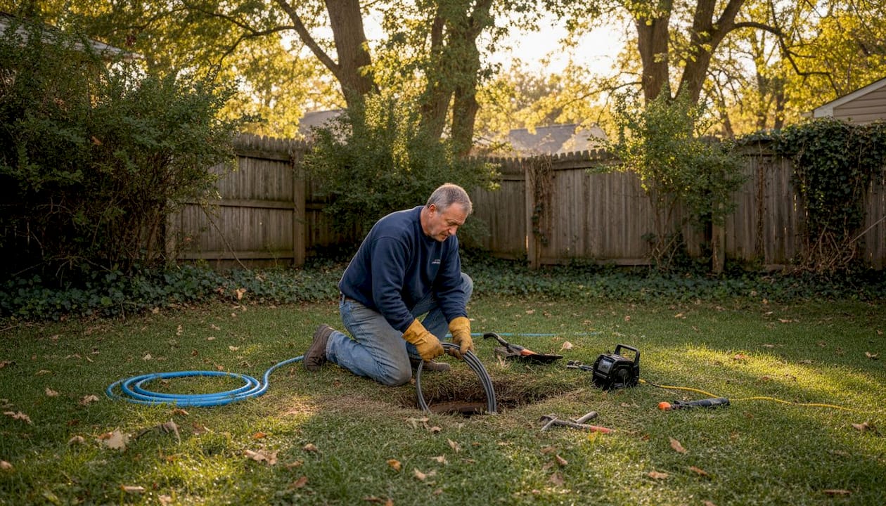 Plumber performing trenchless sewer repair outdoors