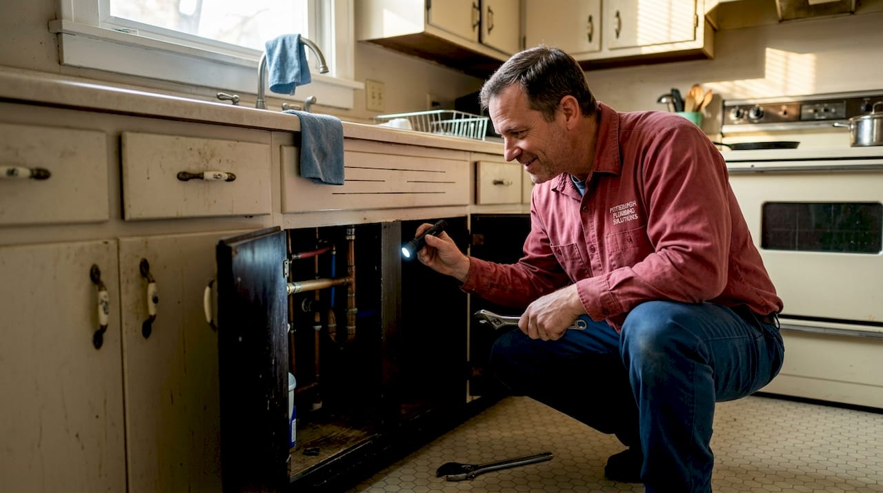Plumber inspecting pipes under kitchen sink