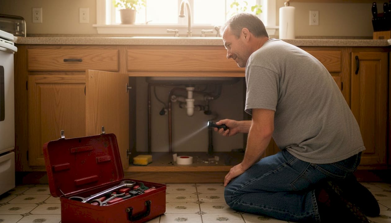 Homeowner checking under kitchen sink for leaks