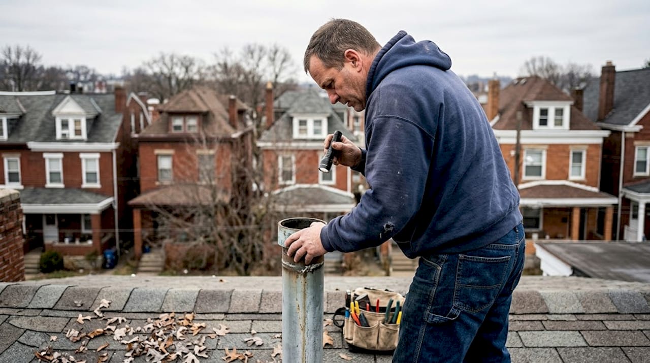 Plumber examining vent pipe on Pittsburgh rooftop