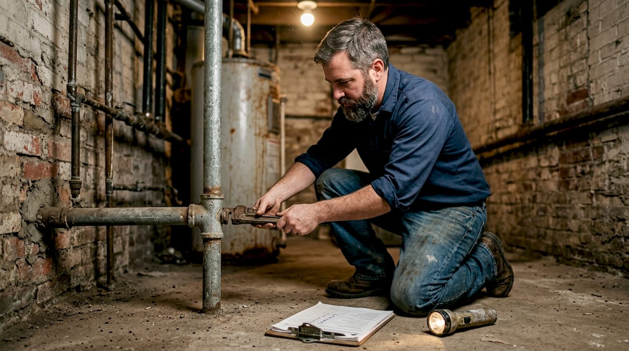 Plumber repairing old pipes in Pittsburgh basement
