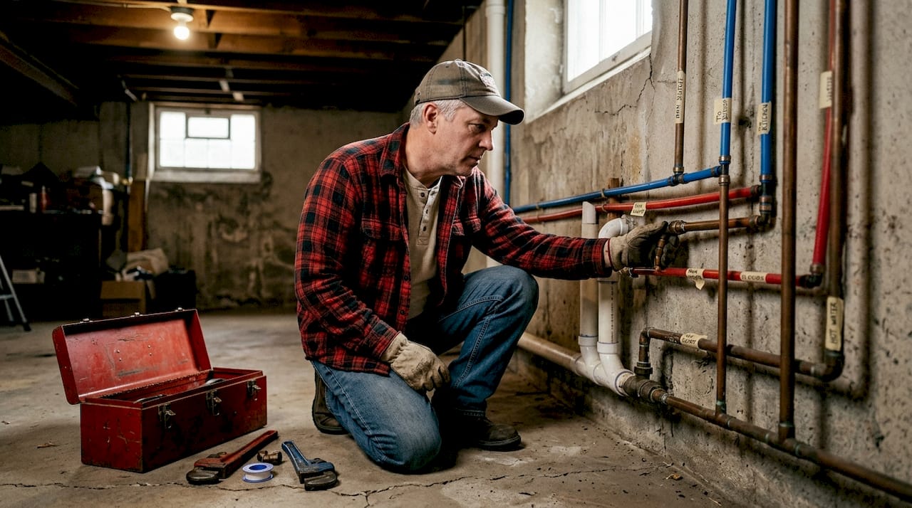 Homeowner inspecting different basement plumbing pipes