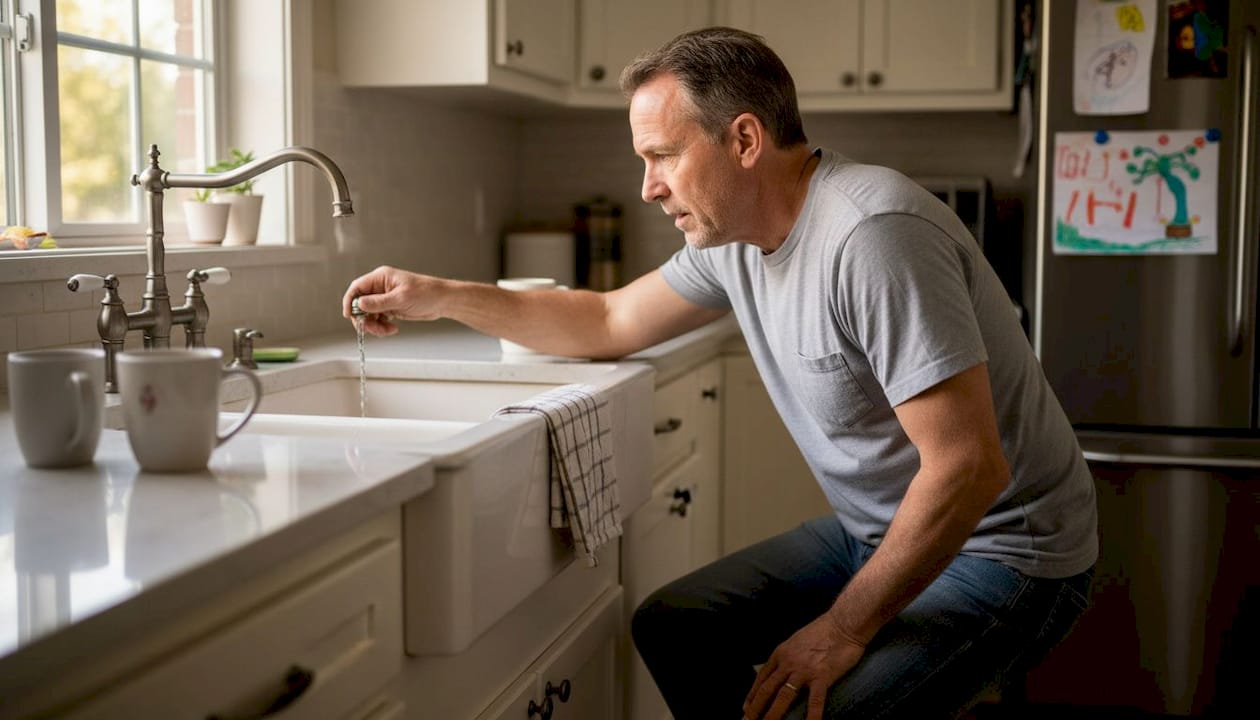 Homeowner inspecting kitchen sink for drain noises