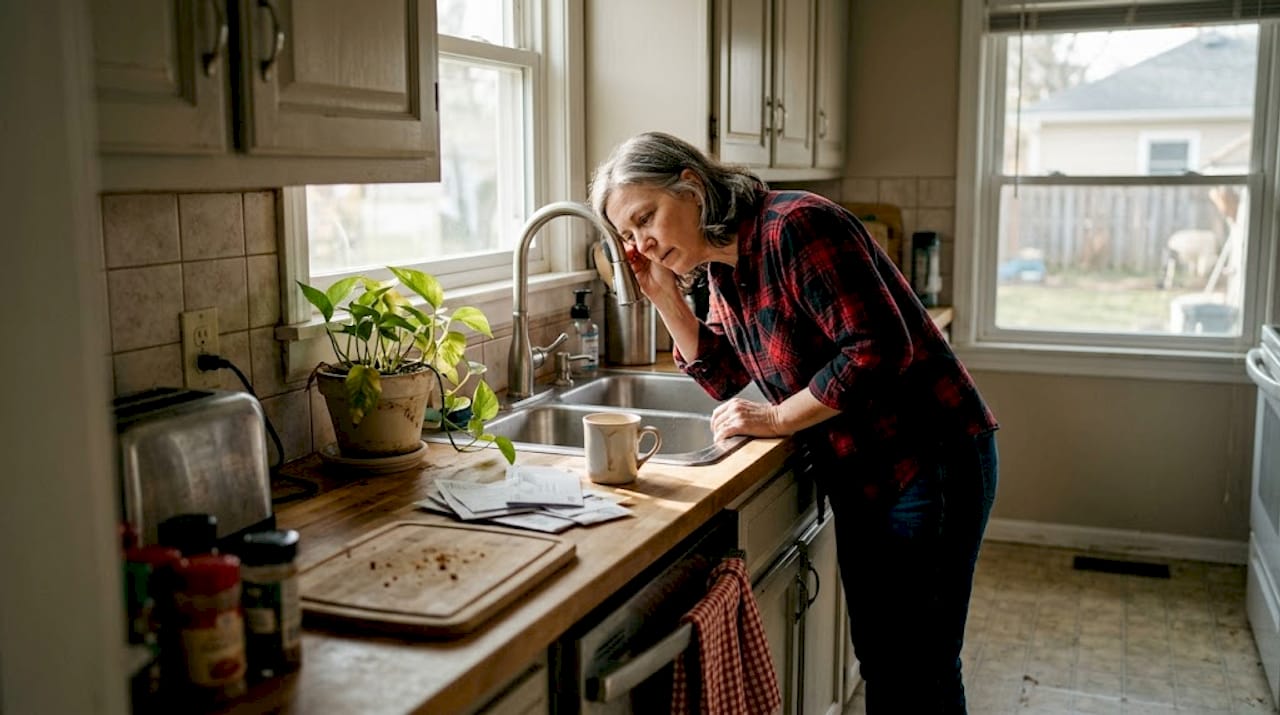 Homeowner listening to pipes in kitchen