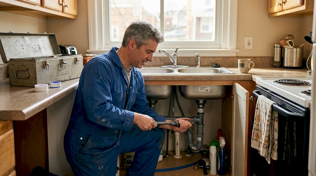 Plumber working on plastic piping under sink