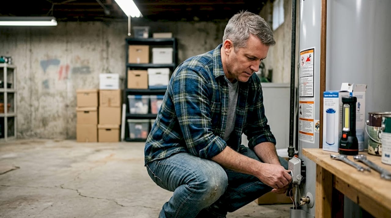 Homeowner adjusting basement water heater unit
