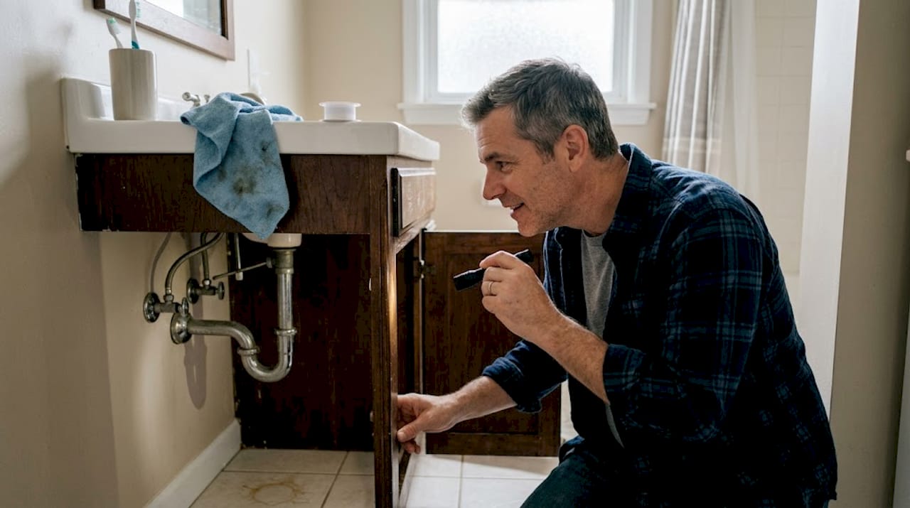 Homeowner inspecting pipes under bathroom sink