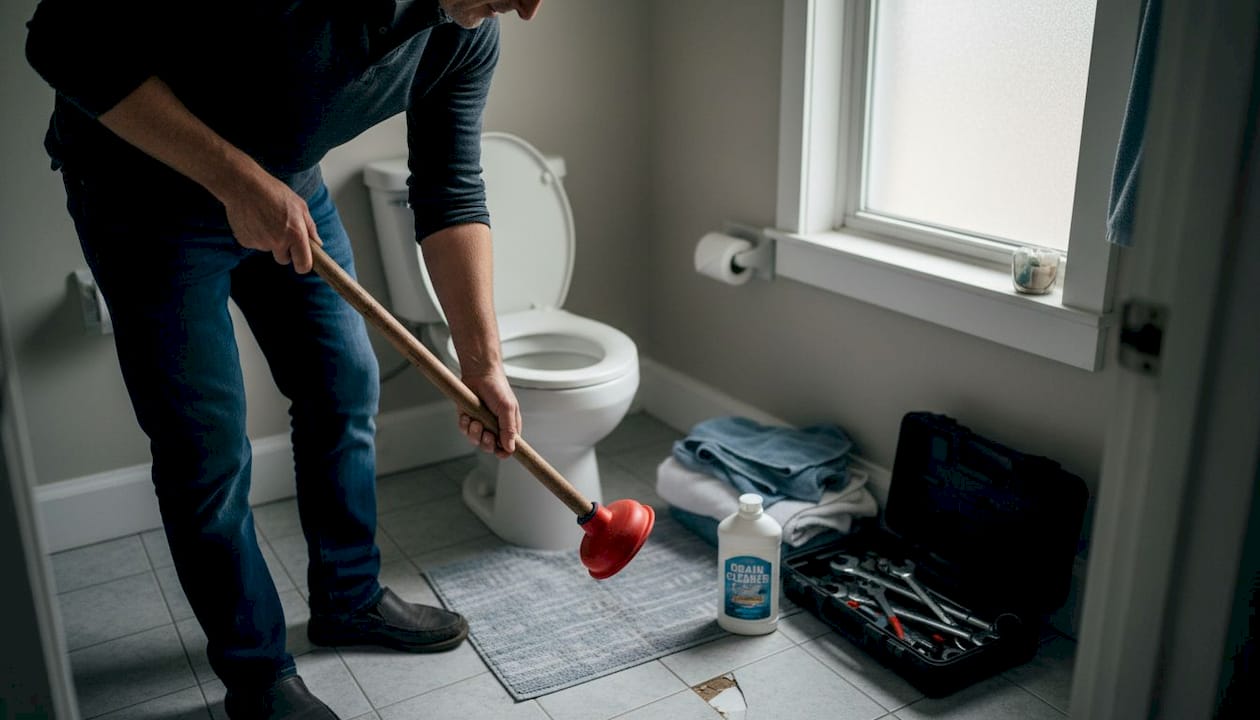 Homeowner preparing toilet unclogging tools